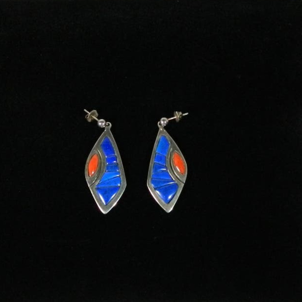 Sterling Silver And Lapis + Coral Inlay Earrings … - image 4